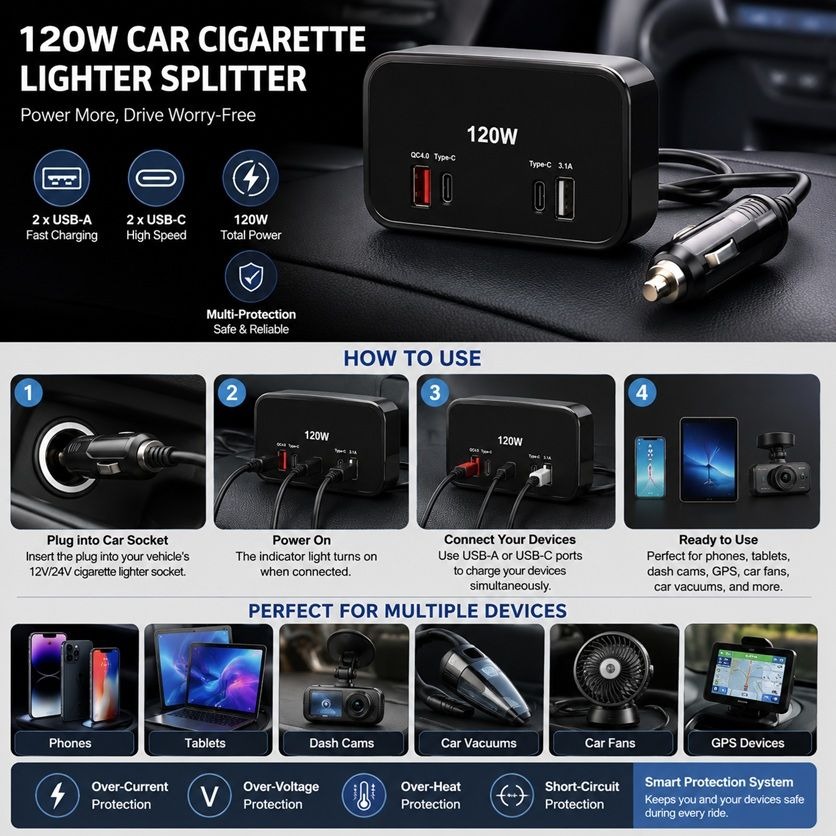 120W Dual USB-C Car Power Adapter Splitter variant image 4