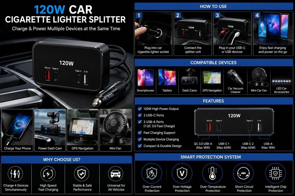 120W Dual USB-C Car Power Adapter Splitter variant image 5