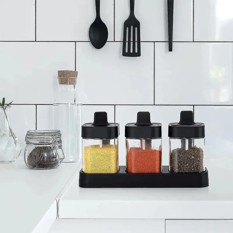 3-Piece Glass Spice Jar Set with Spoons & Non-Slip Base variant image 2