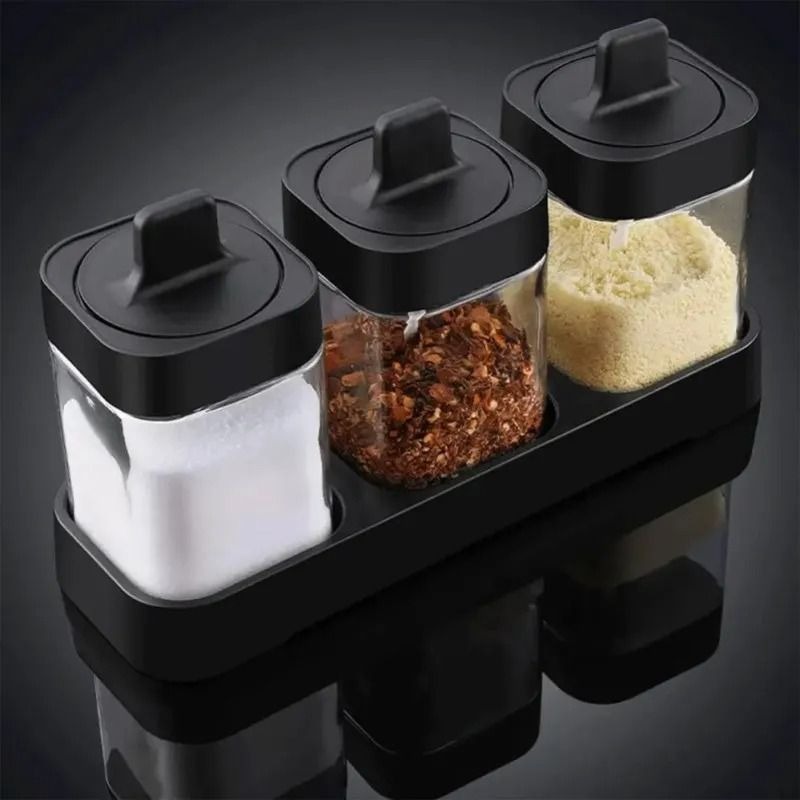 3-Piece Glass Spice Jar Set with Spoons & Non-Slip Base variant image 3