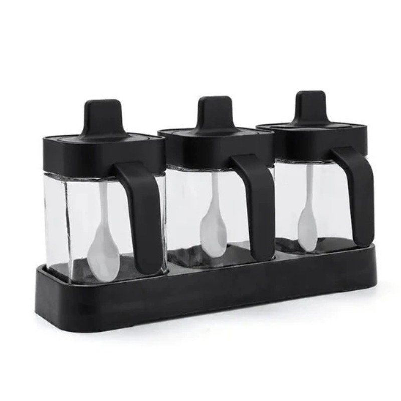 3-Piece Glass Spice Jar Set with Spoons & Non-Slip Base