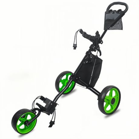 3 Wheel Golf Push Cart - Ball Bag, Storage Bag, Water Cup - Green