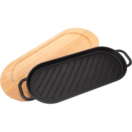 Cast Iron Steak Plate with Wooden Tray, Grill Pan - HY-346