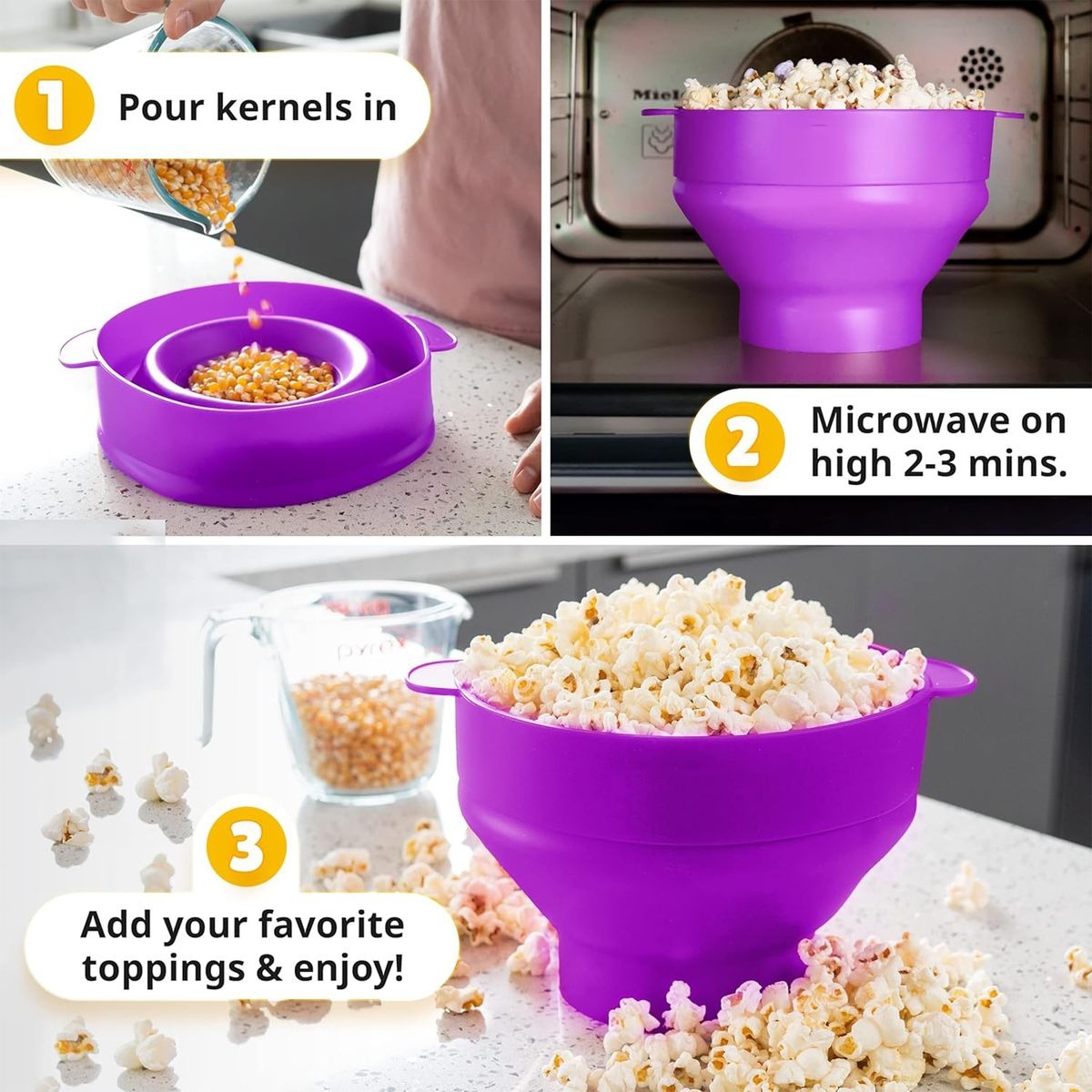 Collapsible Silicone Microwave Popcorn Popper with Lid – Purple variant image 3