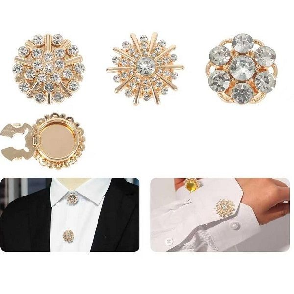 Crystal Pearl Decorative Buttons Covers Detachable Clip-On Shirt - 3 Piece - Gold, Silver variant image 2