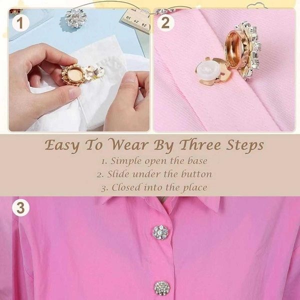 Crystal Pearl Decorative Buttons Covers Detachable Clip-On Shirt - 3 Piece - Gold, Silver variant image 5