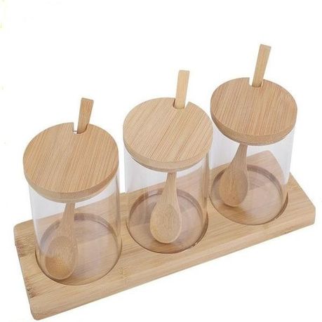 Glass Spice Storage Jar Set With Wooden Lid And Spoon