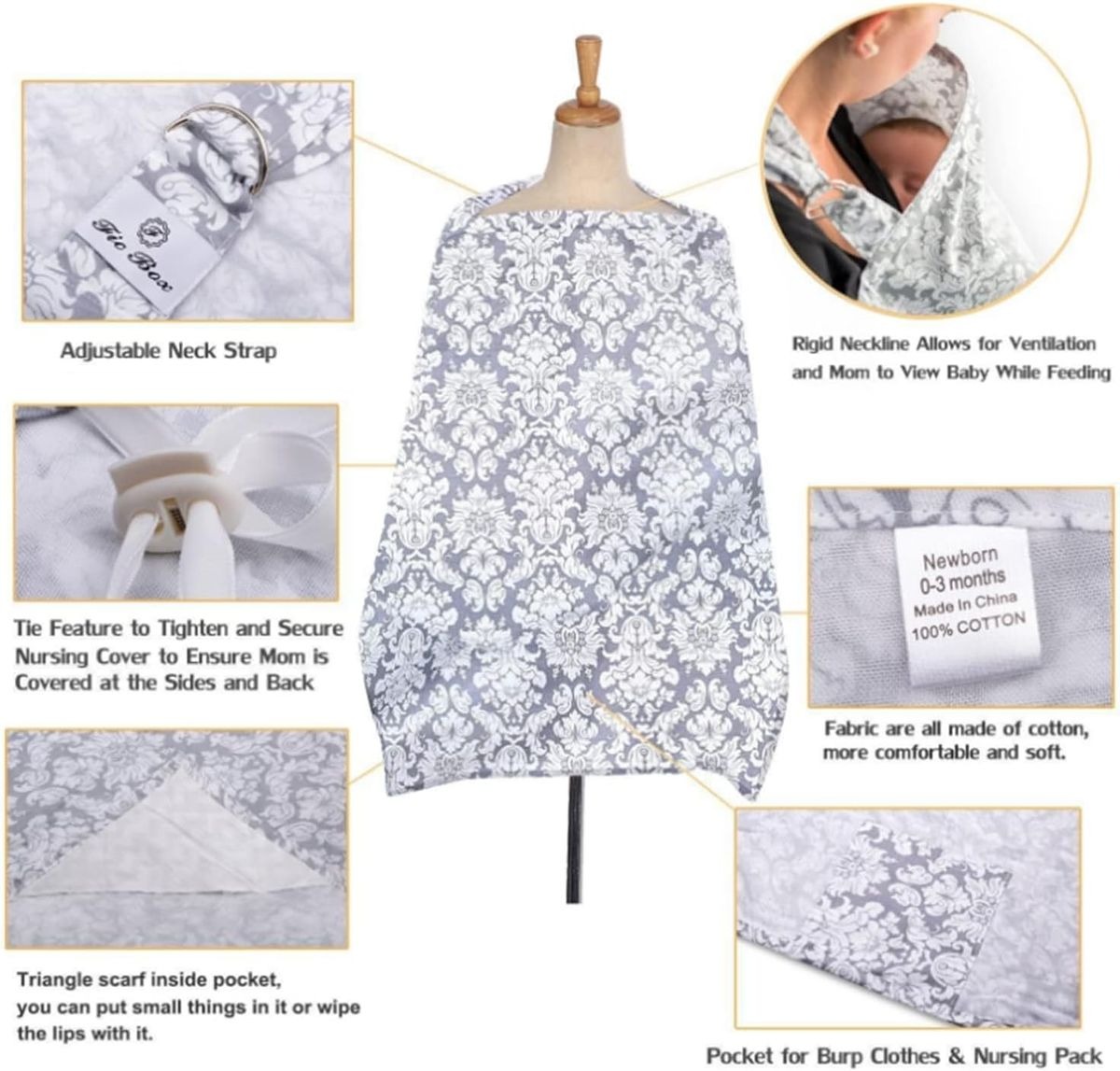 Grey - Breastfeeding Nursing Cover with Adjustable Strap variant image 2