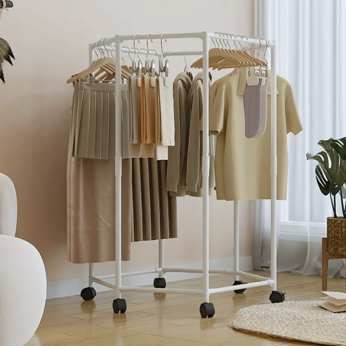 Hexagonal Space-Saving Clothes Rail with Wheels - White variant image 2