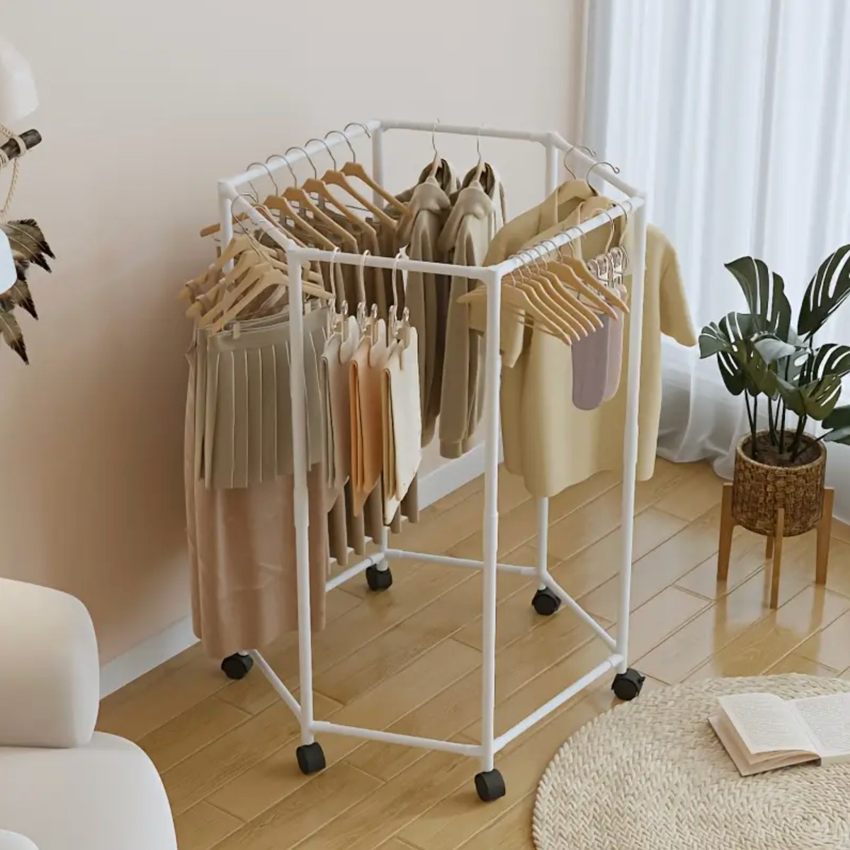 Hexagonal Space-Saving Clothes Rail with Wheels - White variant image 3