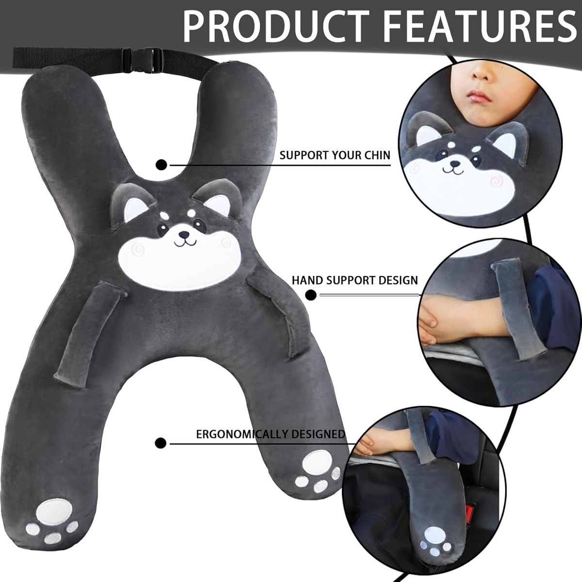 Kids Car Seat Cushion with Ergonomic Head Support Pillow - Grey variant image 3