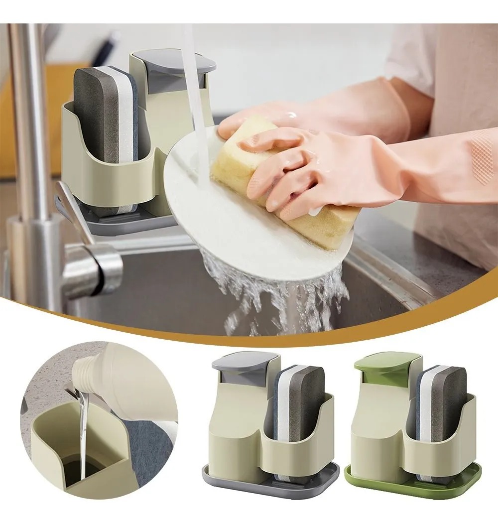 Kitchen Sink Organizer Soap Dispenser with Sponge Holder Press Liquid Pump - Grey variant image 2