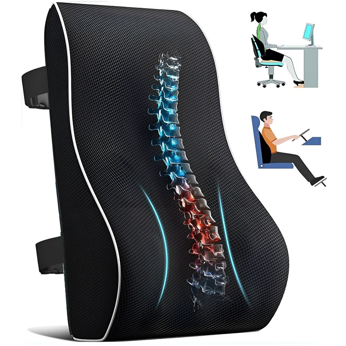 Memory Foam Back Support Cushion for Office Chairs, Car Seats & Gaming Chairs - Black variant image 2