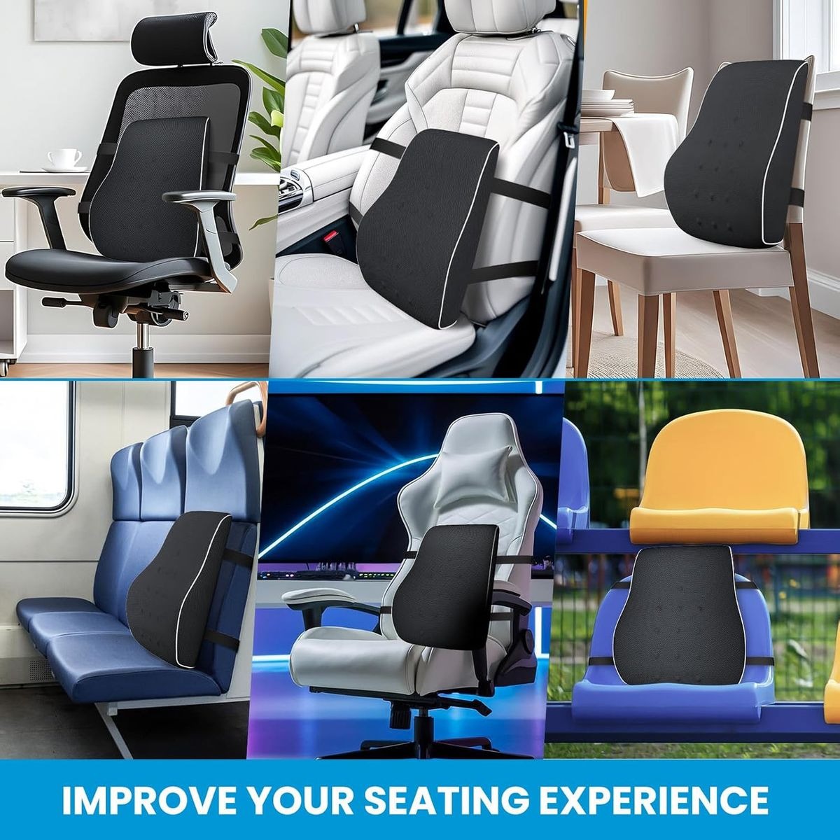 Memory Foam Back Support Cushion for Office Chairs, Car Seats & Gaming Chairs - Black variant image 3