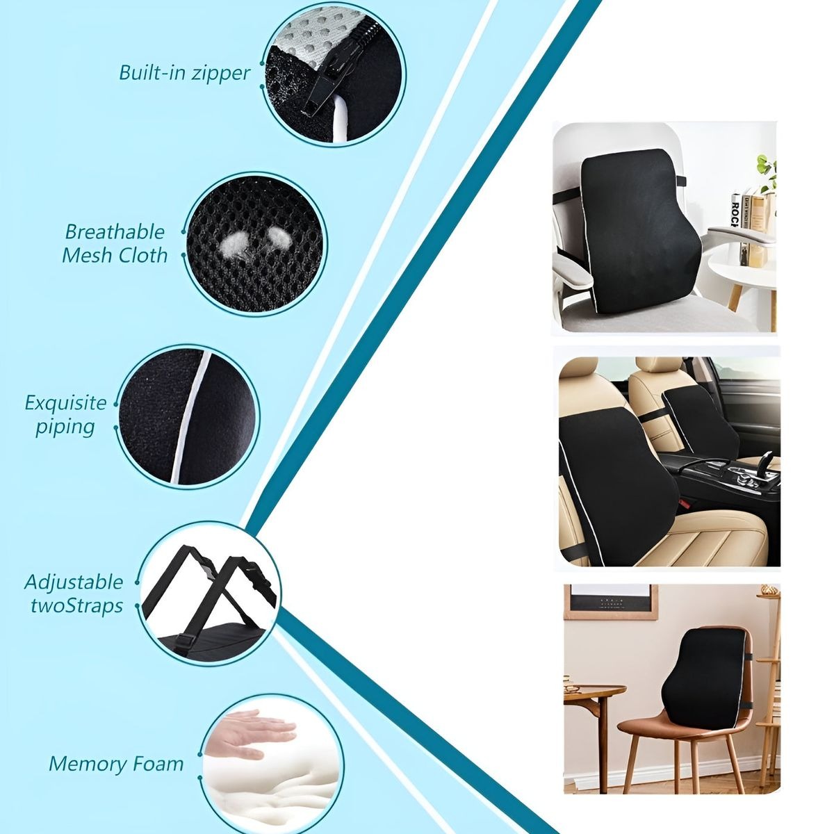 Memory Foam Back Support Cushion for Office Chairs, Car Seats & Gaming Chairs - Black variant image 6