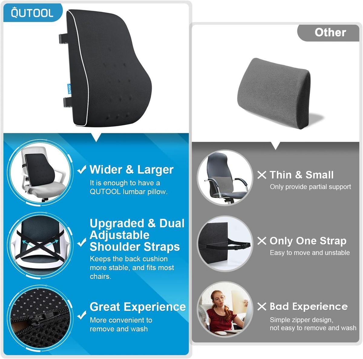 Memory Foam Back Support Cushion for Office Chairs, Car Seats & Gaming Chairs - Black variant image 7