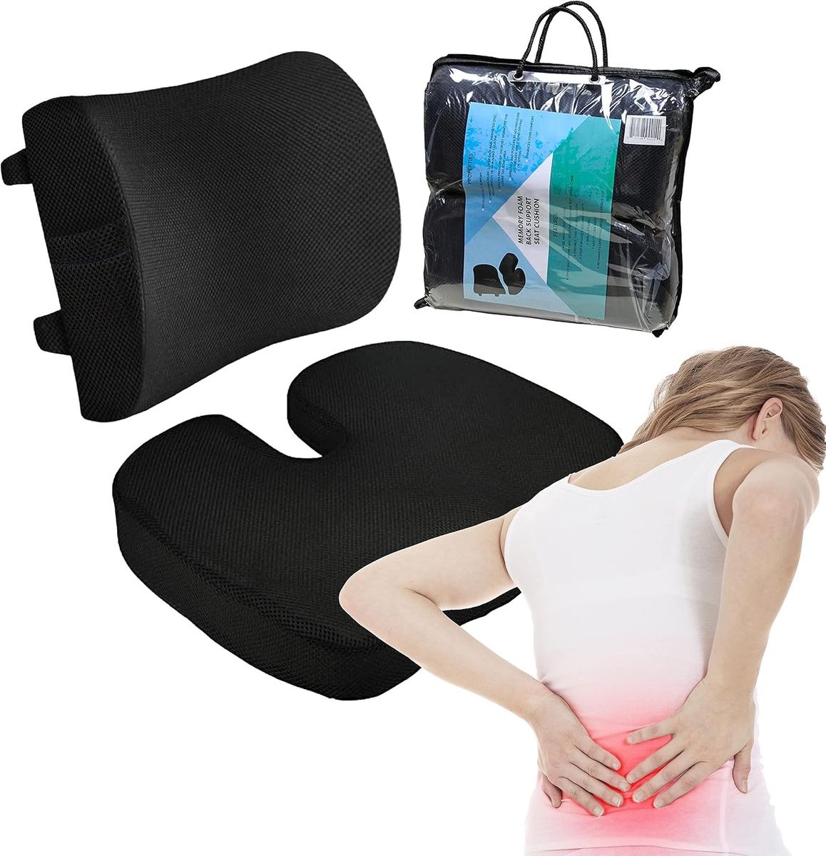 Office Chair Back Support Cushion & Seat Pad – Lower Back Comfort, Black variant image 2