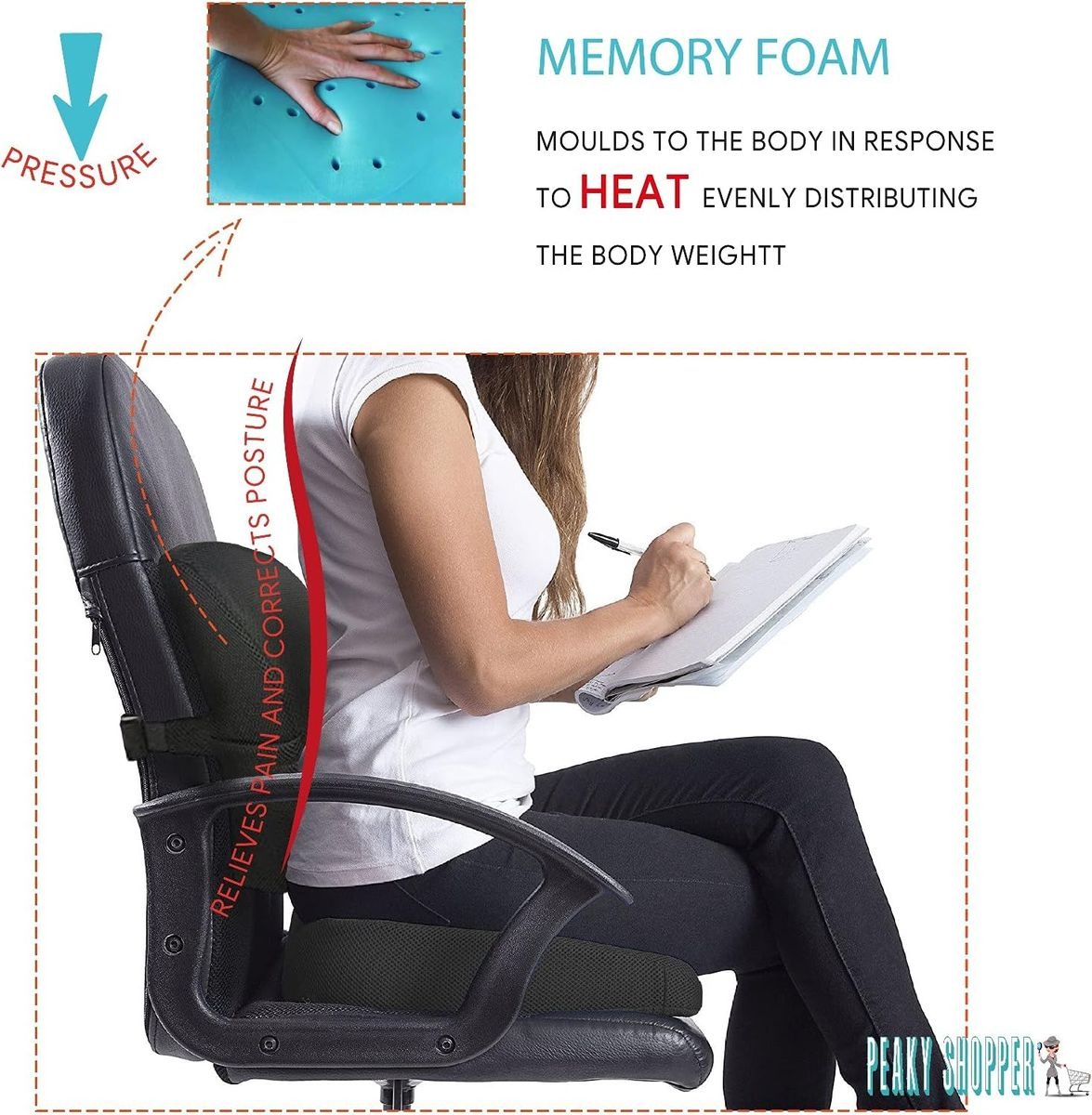 Office Chair Back Support Cushion & Seat Pad – Lower Back Comfort, Black variant image 3