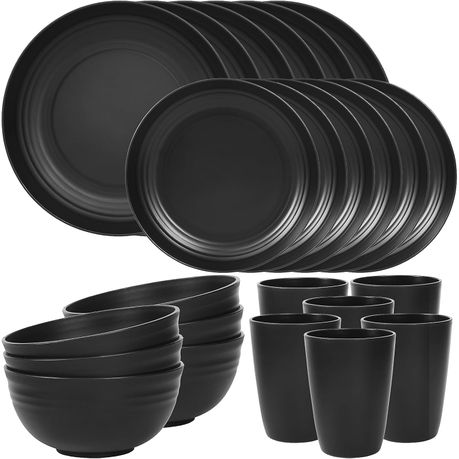 Ojees- 24 Piece Unbreakable, Wheat Straw Plastic Dinnerware Set - Black