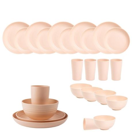 Ojees Homeware- 24 Piece Unbreakable Wheat Straw Dinnerware Set - Pink