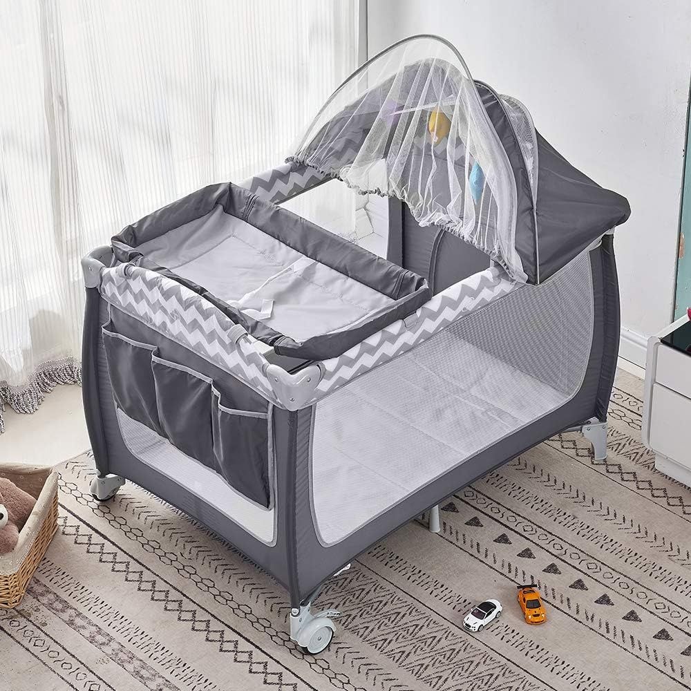 Portable Foldable Baby Travel Cot with Wheels – Grey variant image 4