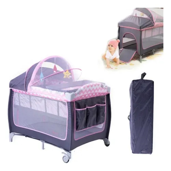 Portable Foldable Baby Travel Cot with Wheels – Pink variant image 2