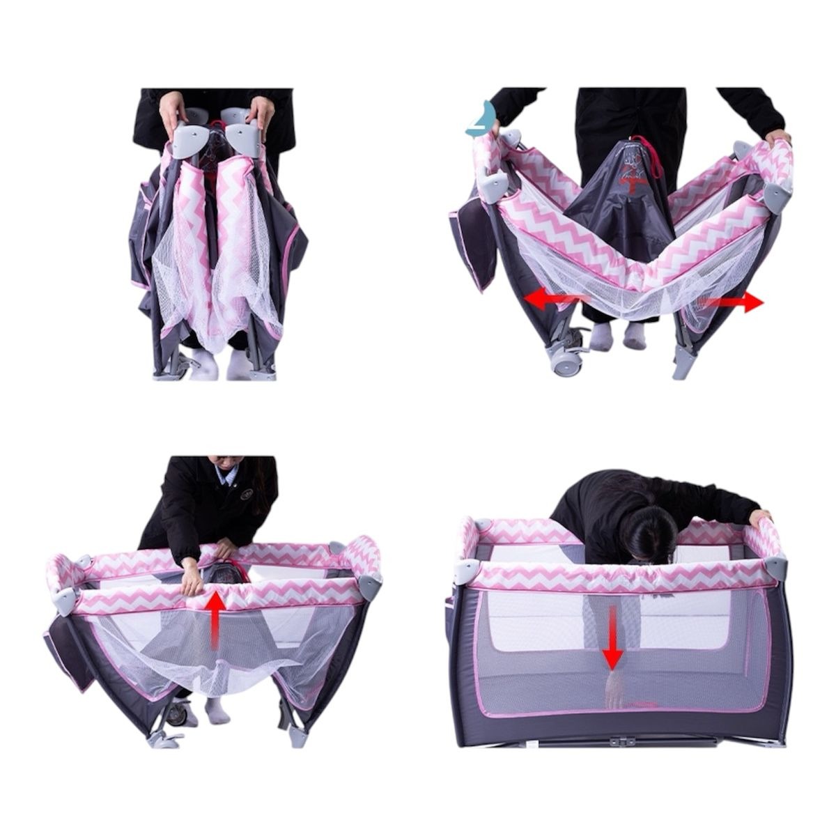Portable Foldable Baby Travel Cot with Wheels – Pink variant image 3