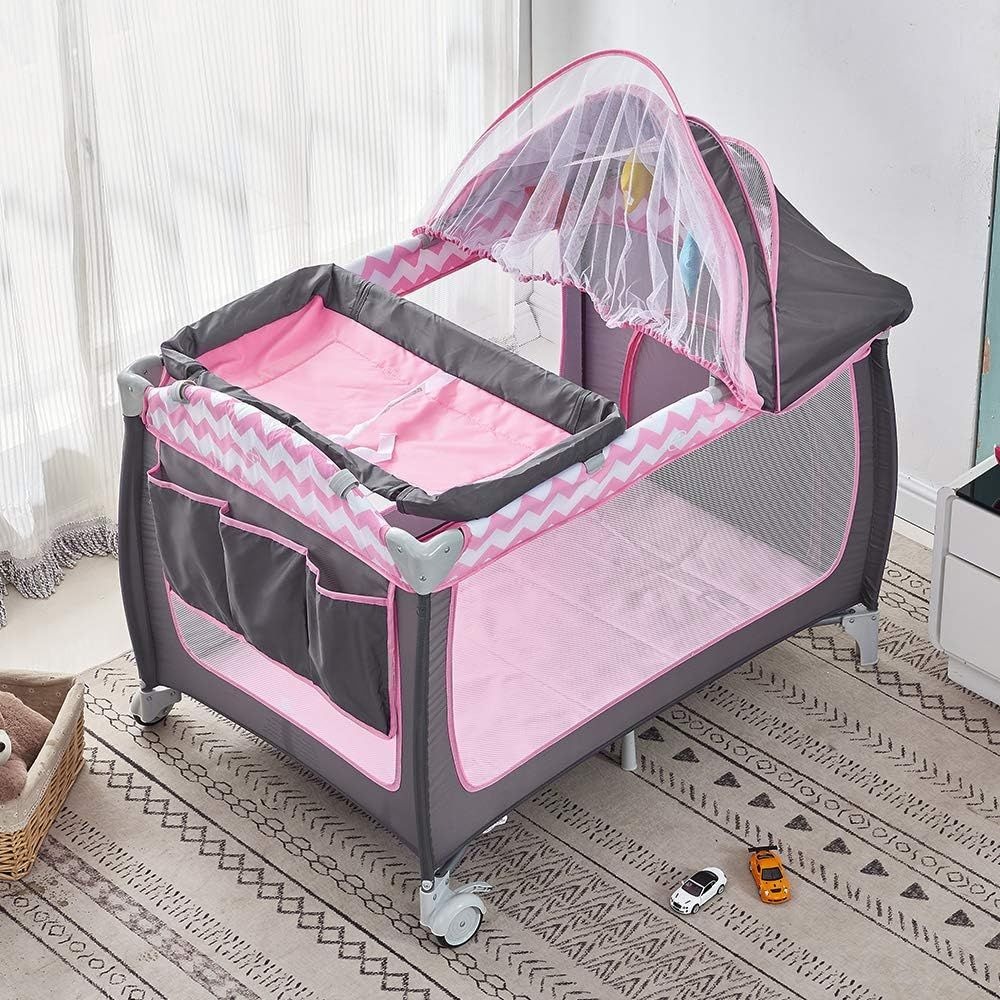 Portable Foldable Baby Travel Cot with Wheels – Pink variant image 4