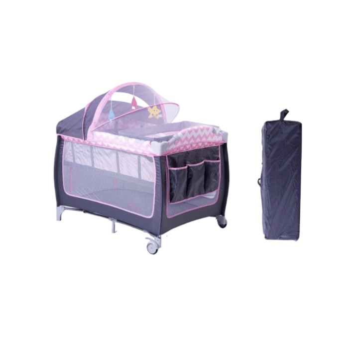 Portable Foldable Baby Travel Cot with Wheels – Pink