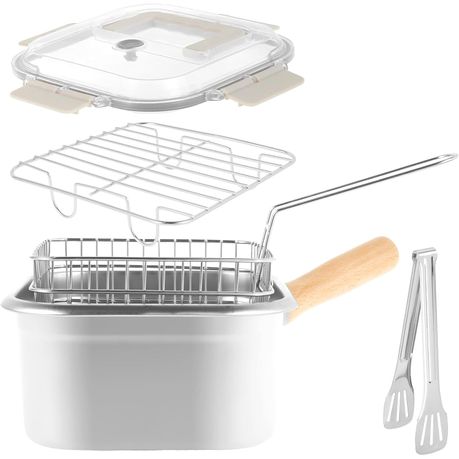 Stainless Steel Frying Pot with Basket and Wooden Handle