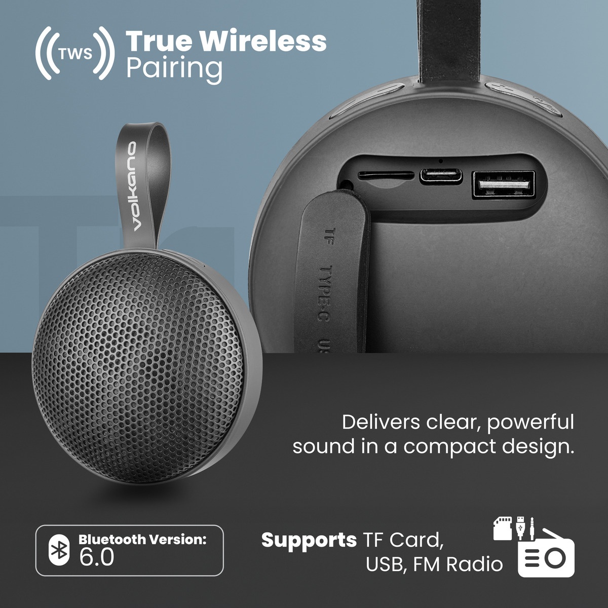 Volkano Flash Portable Bluetooth Speaker with FM Radio & TWS (8W) - Black variant image 3