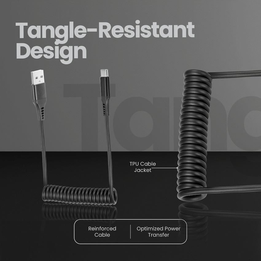 Volkano Helix Series Coiled 1m Charging Cable USB-A To USB-C 60W – Black variant image 2