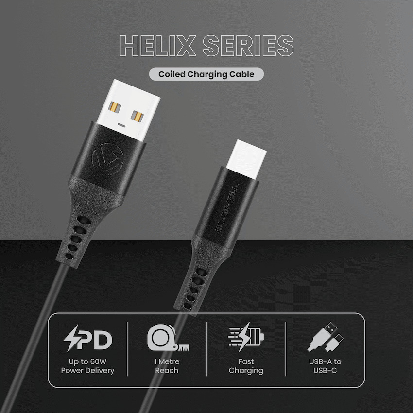 Volkano Helix Series Coiled 1m Charging Cable USB-A To USB-C 60W – Black variant image 4
