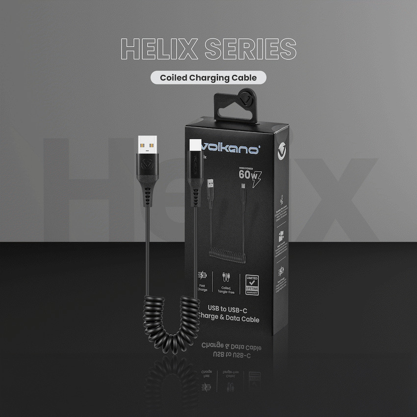 Volkano Helix Series Coiled 1m Charging Cable USB-A To USB-C 60W – Black variant image 5