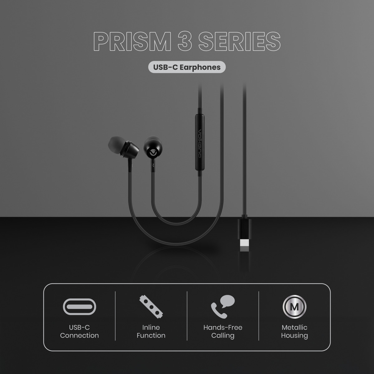 Volkano Prism 3 Series Type-C Earphones with Mic - Black variant image 5