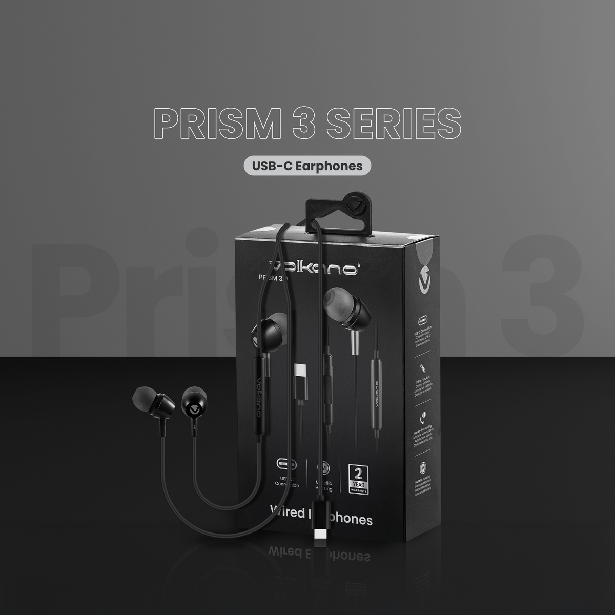 Volkano Prism 3 Series Type-C Earphones with Mic - Black variant image 6