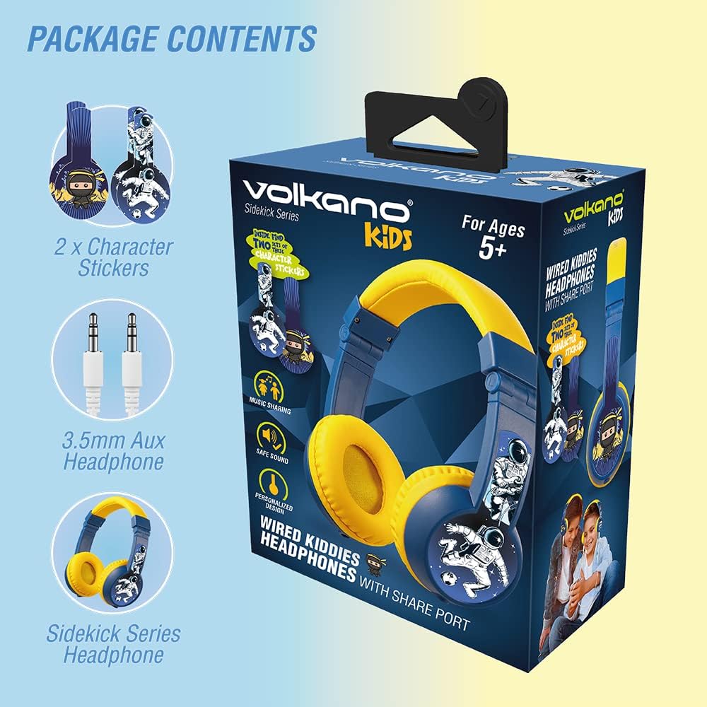 Volkano Sidekick Series Wired Kiddies Headphones with Share Port – Yellow/Blue variant image 8