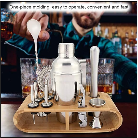 12 Piece Stainless Steel Cocktail Shaker With Wooden Stand 12TUO variant image 4