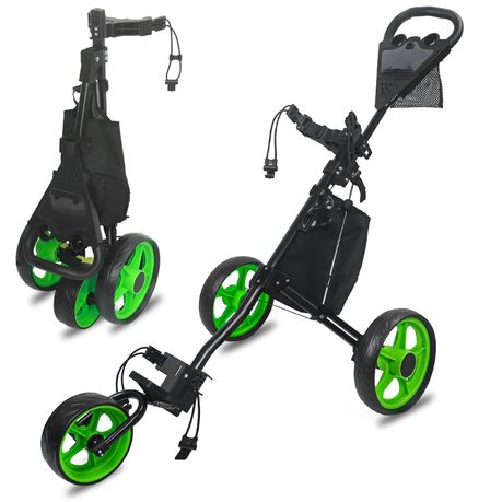 3 Wheel Golf Push Cart - Ball Bag, Storage Bag, Water Cup - Green variant image 2