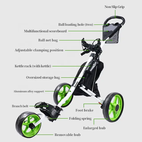3 Wheel Golf Push Cart - Ball Bag, Storage Bag, Water Cup - Green variant image 3