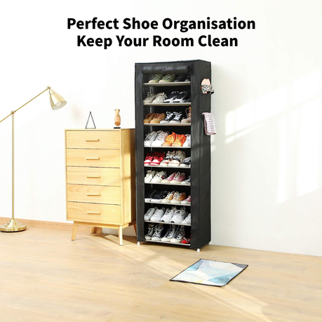 9 Tier Shoe Rack with Dustproof Cover&2 Pockets for Shoe Storage Organizer variant image 2