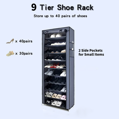 9 Tier Shoe Rack with Dustproof Cover&2 Pockets for Shoe Storage Organizer variant image 4
