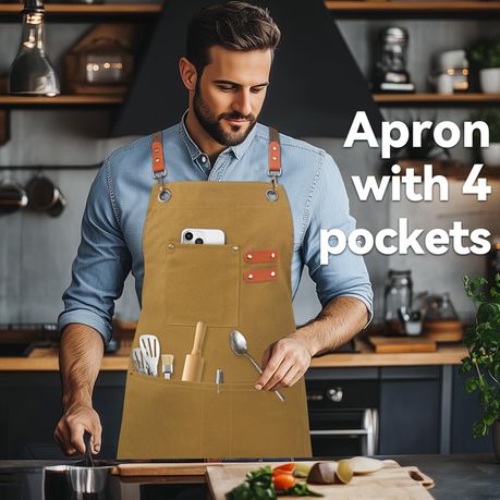 Black Chef Apron for Men Women, Water-Resistant Cotton Canvas variant image 13