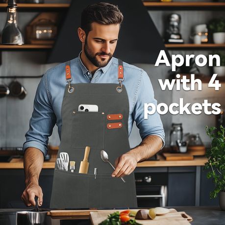 Black Chef Apron for Men Women, Water-Resistant Cotton Canvas variant image 20