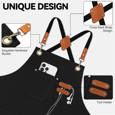 Black Chef Apron for Men Women, Water-Resistant Cotton Canvas variant image 3