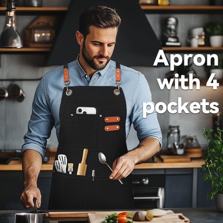 Black Chef Apron for Men Women, Water-Resistant Cotton Canvas variant image 6