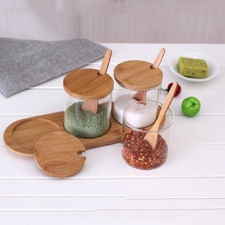Glass Spice Storage Jar Set With Wooden Lid And Spoon variant image 3