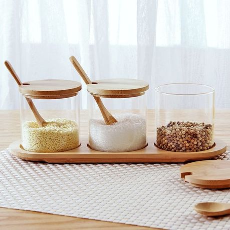 Glass Spice Storage Jar Set With Wooden Lid And Spoon variant image 4
