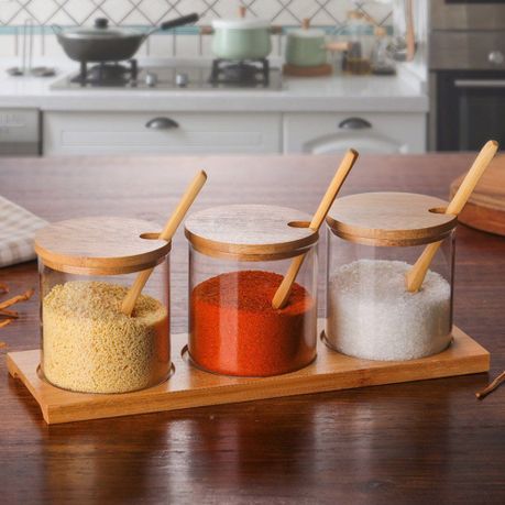 Glass Spice Storage Jar Set With Wooden Lid And Spoon variant image 5