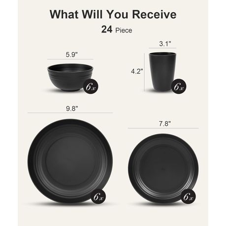 Ojees- 24 Piece Unbreakable, Wheat Straw Plastic Dinnerware Set - Black variant image 3